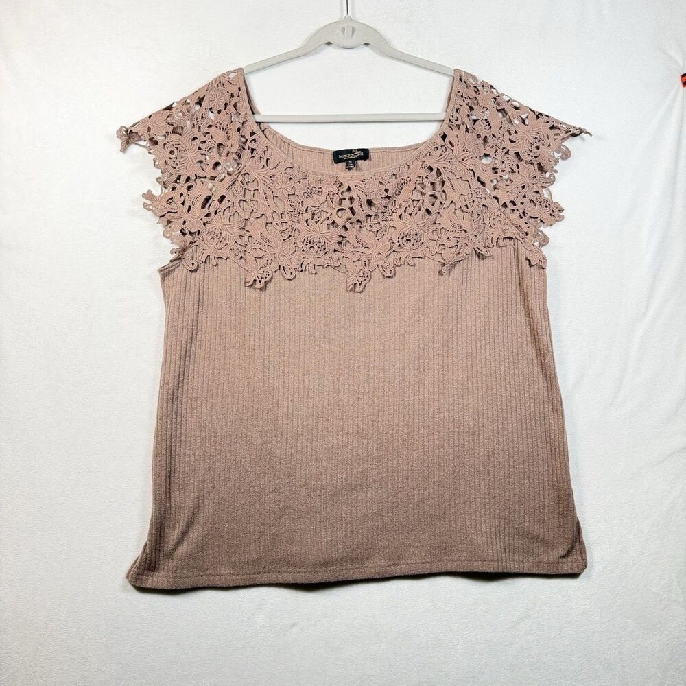 Suzanne Betro 3X Rib Knit Top Dusty Mauve Lace Crochet Yoke Plus Size Boho
